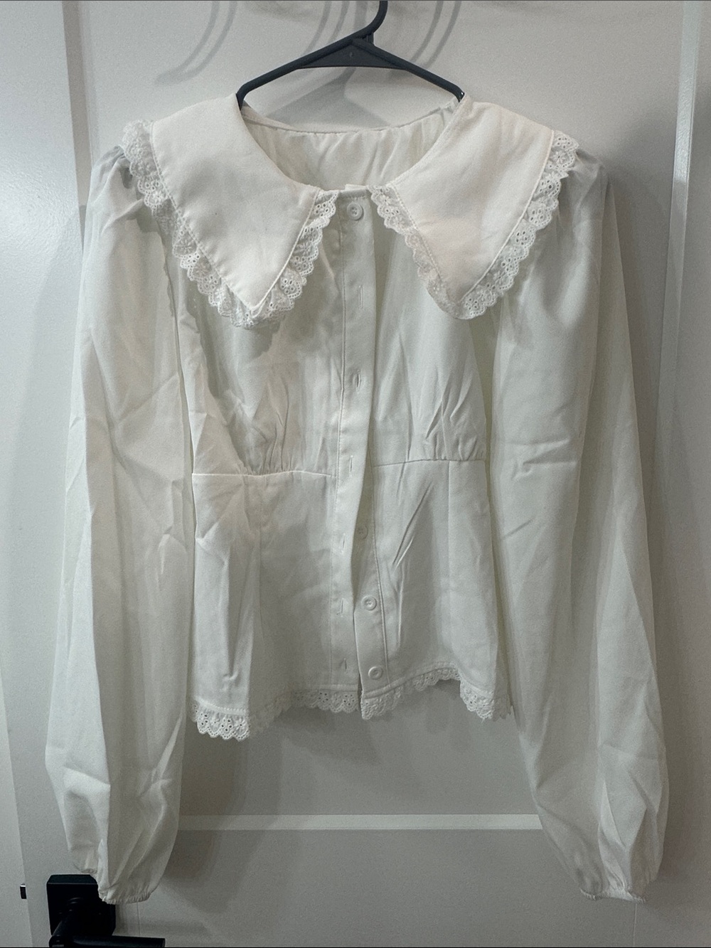 White Lace-Trim Button Front Top